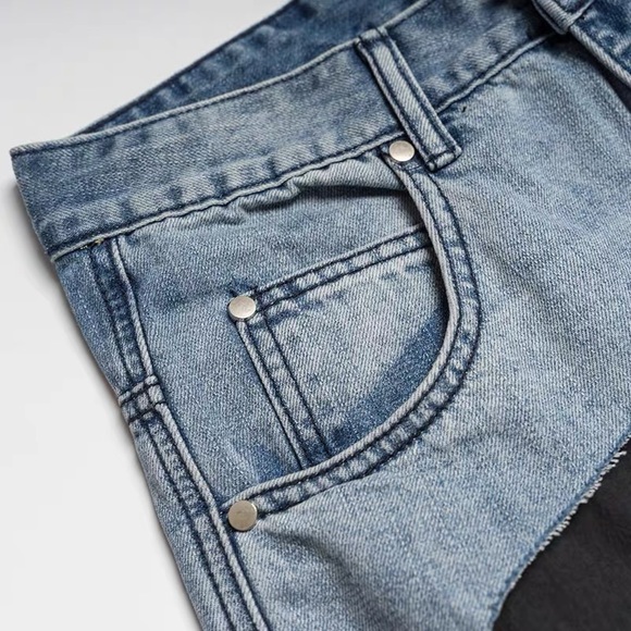 High Waist Stitching Black and Blue Jeans - Picture 3 of 4